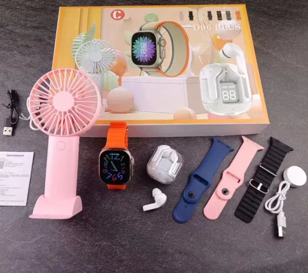 D96 Plus Smartwatch Combo – Fitness Watch + Earbuds + Mini Fan