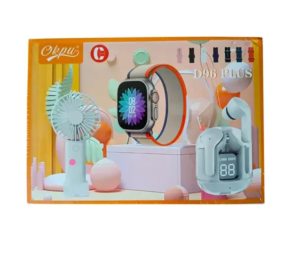 D96 Plus Smartwatch Combo – Fitness Watch + Earbuds + Mini Fan